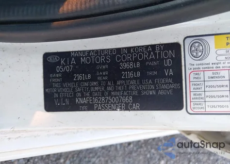 2007 Kia Spectra5 Sx from USA, damaged, VIN KNAFE162875007668